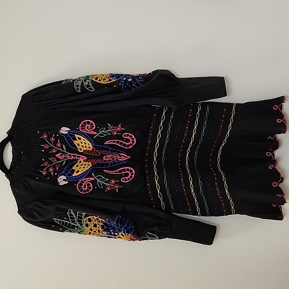 FarmRio Embroidered Puffsleeve  Black Dress Colorful Parrot Design Romantic Sz M - Picture 6 of 16